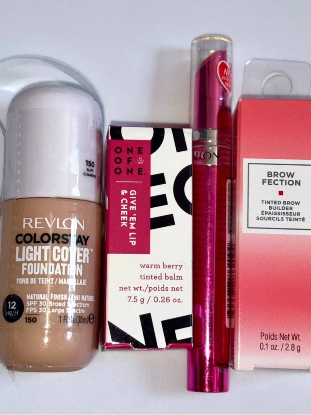 4 PC Makeup Lot: Revlon Foundation, Revlon Gel Lip, EWC Brow, One of One Blush